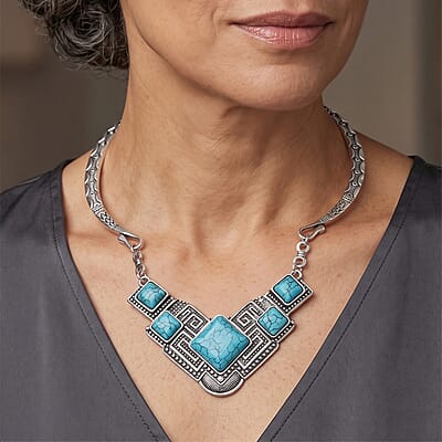 Blue Howlite 40.00 ctw Necklace (16.5-19.5 Inches) in Silvertone