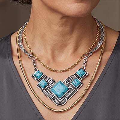 Blue Howlite 40.00 ctw Necklace (16.5-19.5 Inches) in Silvertone
