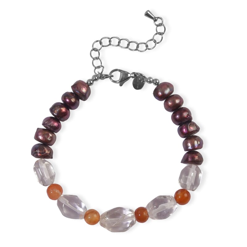 EverTrue Carnelian, Purple Pearl (D) and Austrian Crystal 7.00 ctw Bracelet in Stainless Steel (7.25-9.25In)
