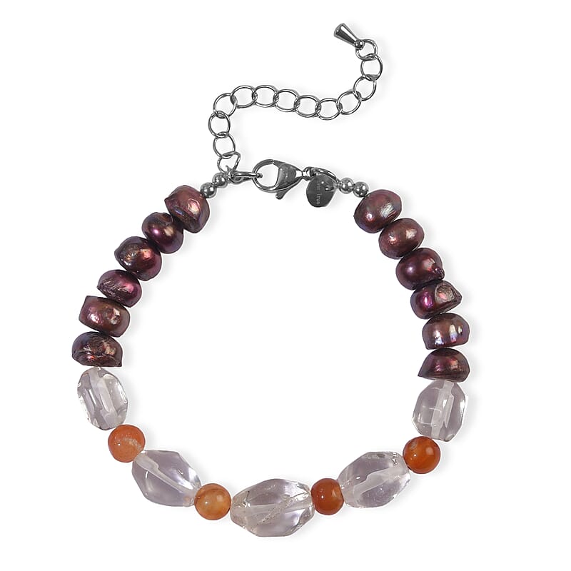 EverTrue Carnelian, Purle Pearl (D) and Austrian Crystal 7.00 ctw Bracelet in Stainless Steel (7.25-9.25In)