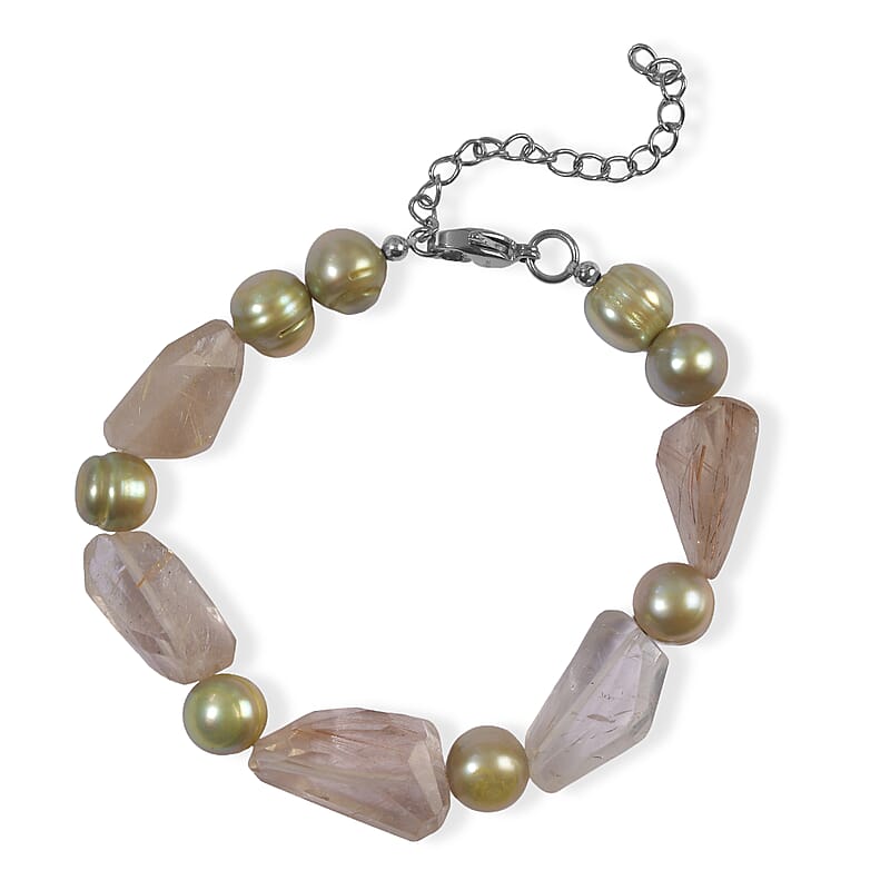EverTrue Rutile Quartz and Green Pearl (D) 90.00 ctw Bracelet in Stainless Steel (7.25-9.25In)