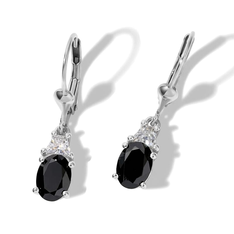 D'Joy Black and White Moissanite 1.90 ctw Solitaire Lever Back Earrings in Rhodium Over Sterling Silver