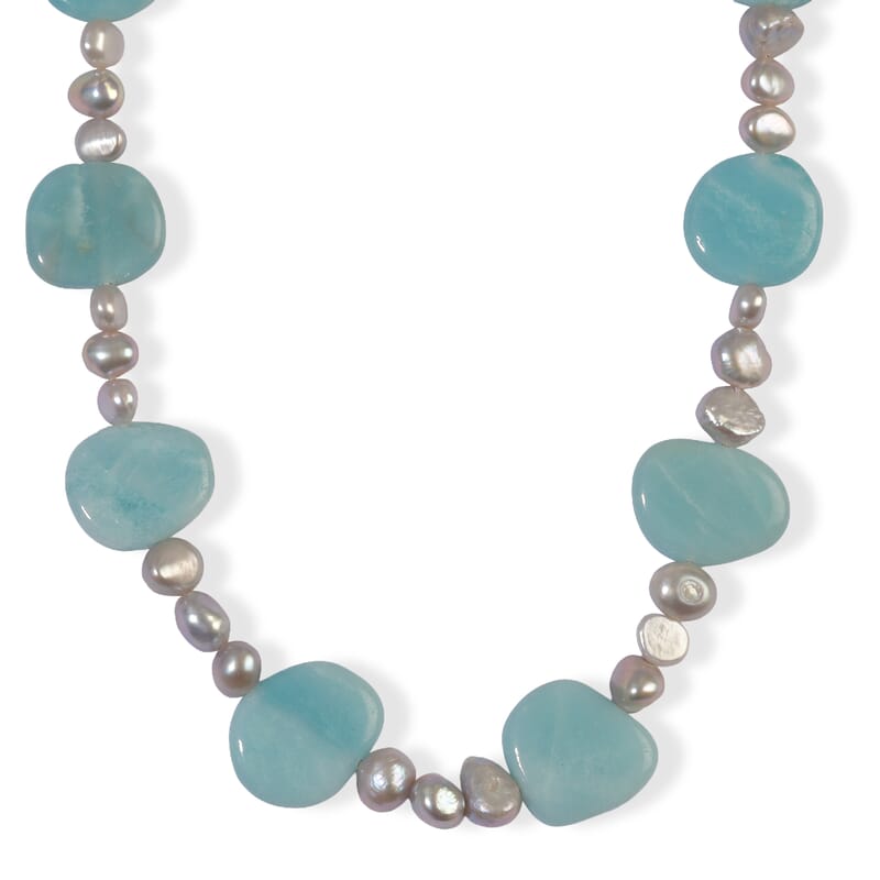 EverTrue Grey Pearl and Amazonite 165.00 ctw Necklace (18 Inches) in Platinum Bond