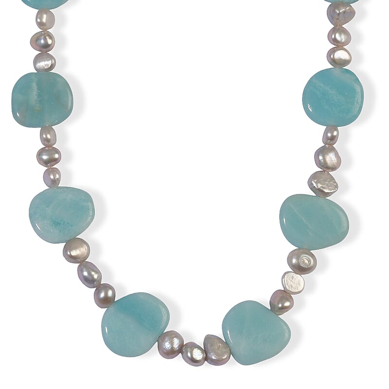 EverTrue Grey Pearl and Amazonite 165.00 ctw Necklace (18 Inches) in Platinum Bond