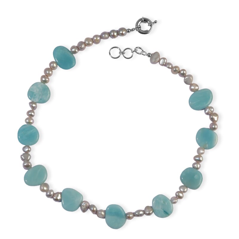 EverTrue Grey Pearl and Amazonite 165.00 ctw Necklace (18 Inches) in Platinum Bond