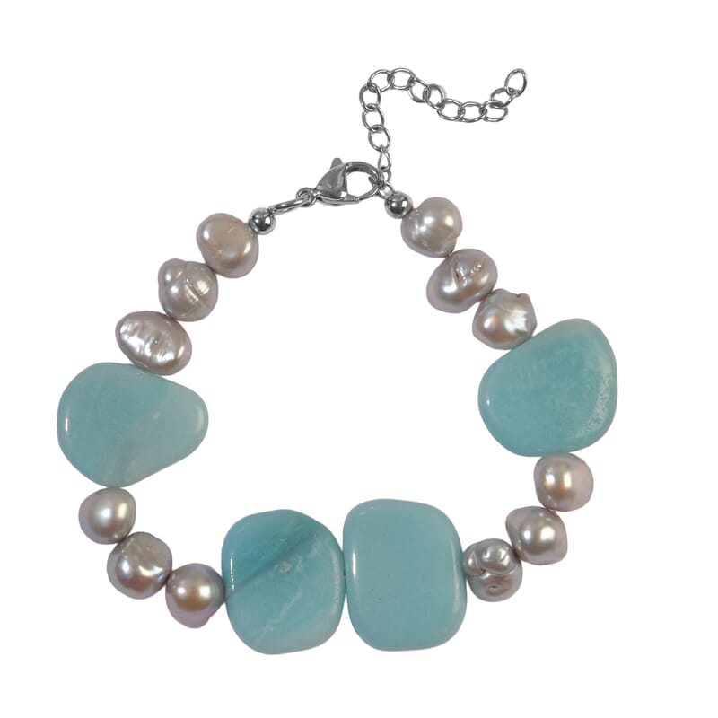 EverTrue Amazonite and Grey Pearl 55.00 ctw Bracelet in Stainless Steel (7.25-9.25In)