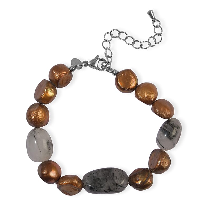 EverTrue Black Rutile Quartz and Brown Pearl (D) 70.00 ctw Bracelet in Stainless Steel (7.25-9.25In)