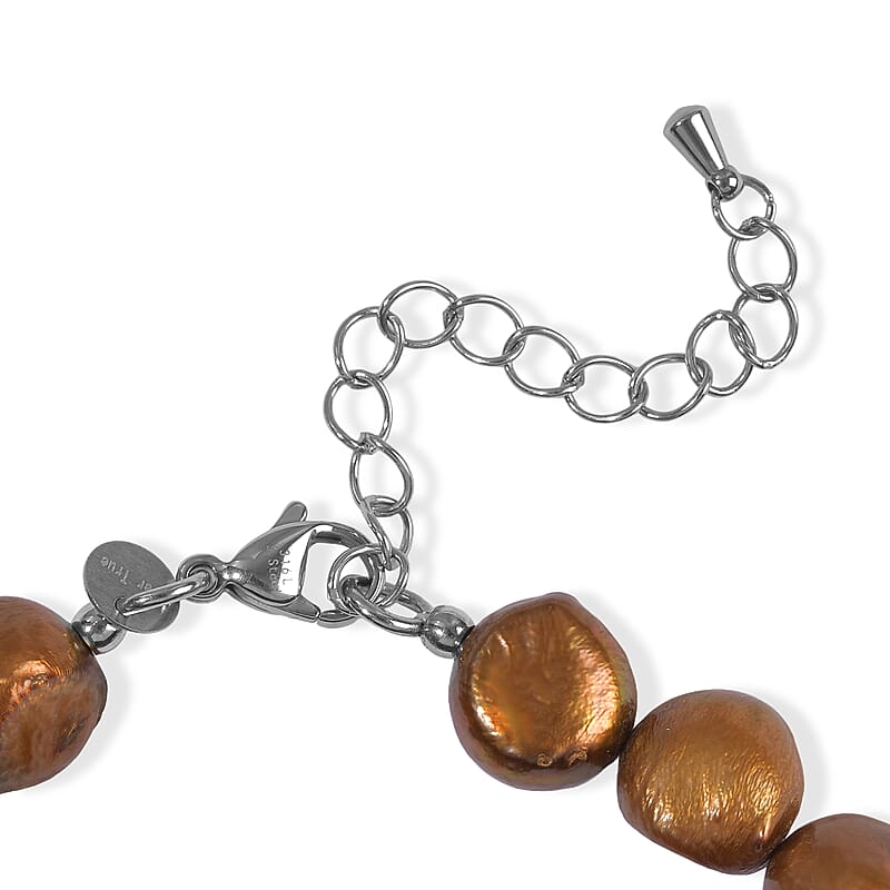 EverTrue Black Rutile Quartz and Brown Pearl (D) 70.00 ctw Bracelet in Stainless Steel (7.25-9.25In)