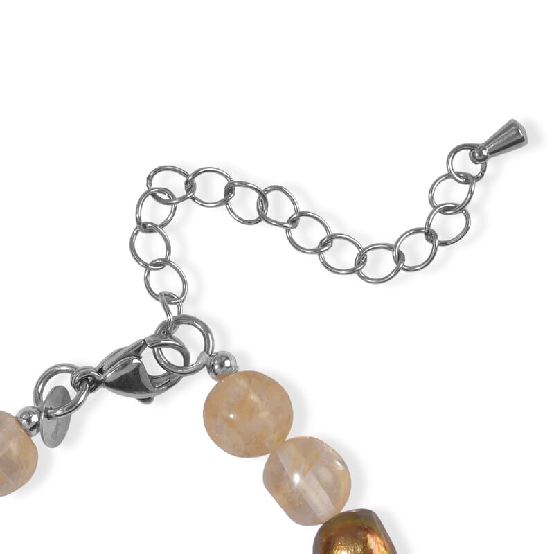 EverTrue Gold Quartz and Brown Pearl (D) 45.00 ctw Bracelet in Stainless Steel (7.25-9.25In)
