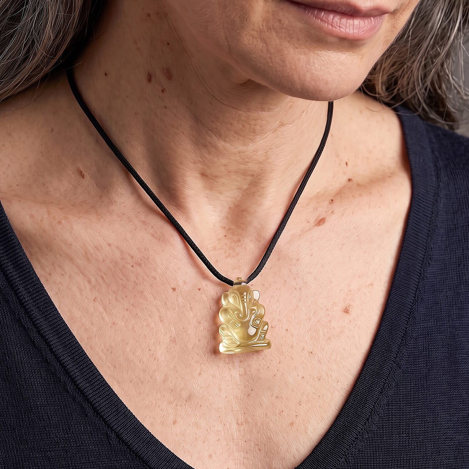 Lemon Quartz 109.00 ctw Carved Genish Necklace in Silvertone 16-19 Inches