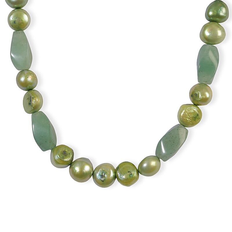 EverTrue Green Aventurine and Green Pearl (D) 75.00 ctw Necklace (18 Inches) in Platinum Bond