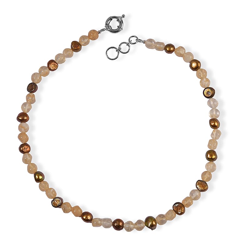 EverTrue Gold Quartz and Brown Pearl (D) 110.00 ctw Necklace (18 Inches) in Platinum Bond