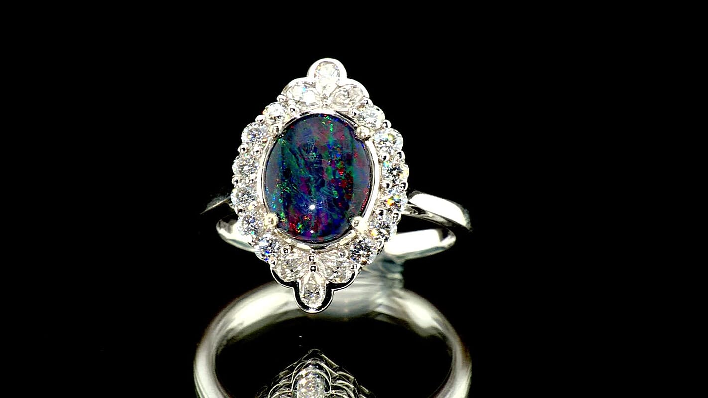 Certified and Appraised D''Joy Premium Australian Black Ridge Opal Triplet, Moissanite Ring in Rhodium Over Sterling Silver (Size 10.0) 2.50 ctw