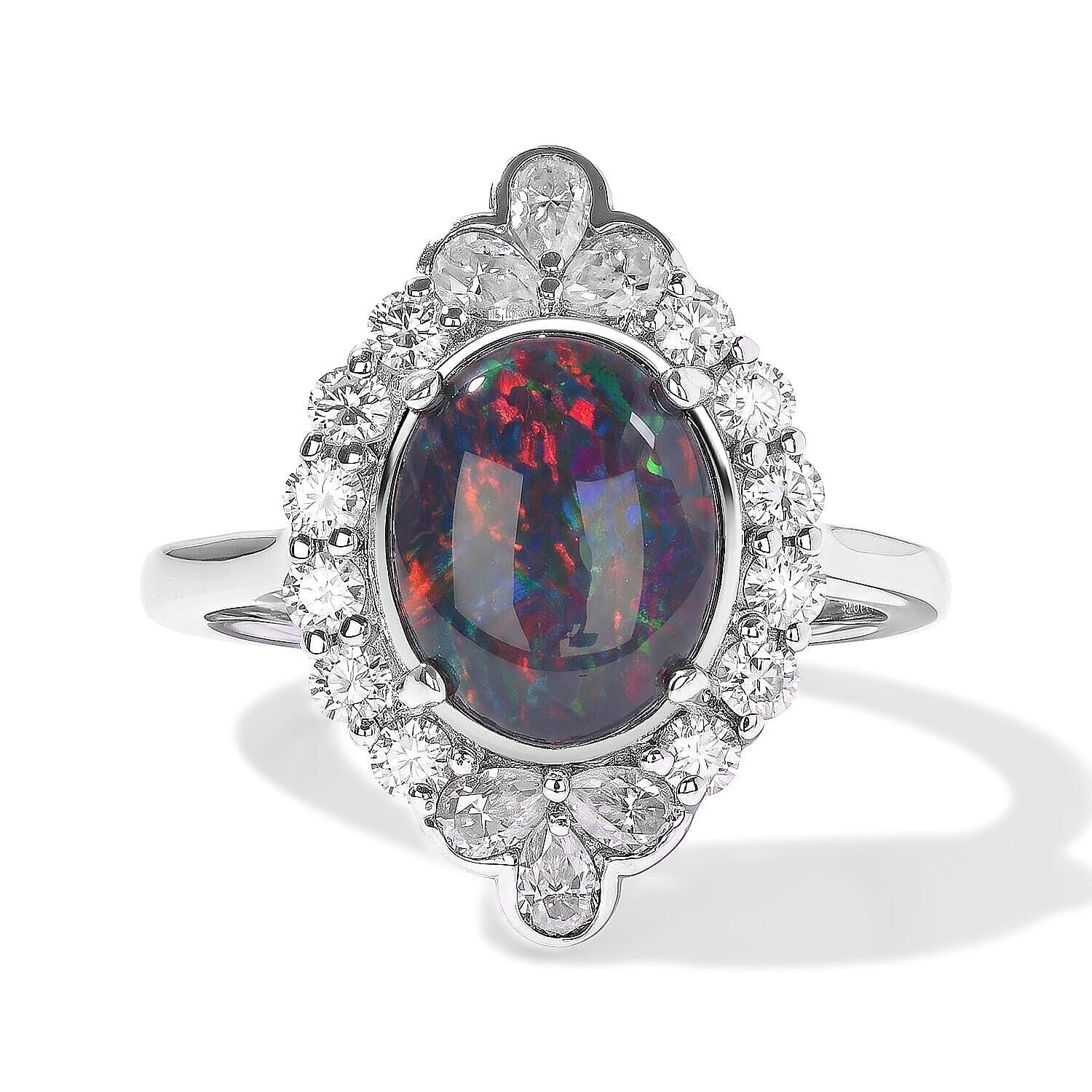 IGI Certified D'Joy Australian Black Ridge Opal Triplet, Moissanite Ring in Rhodium Over Sterling Silver (Size 5.0) 2.50 ctw