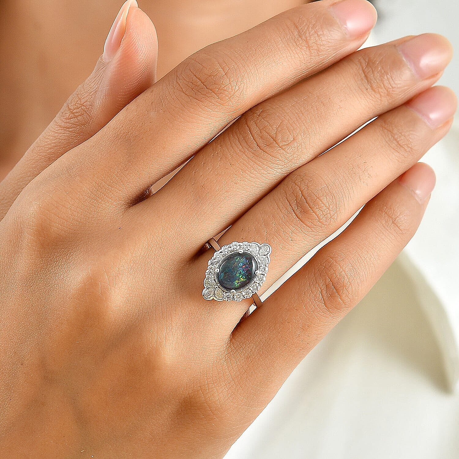 IGI Certified D'Joy Australian Black Ridge Opal Triplet, Moissanite Ring in Rhodium Over Sterling Silver (Size 5.0) 2.50 ctw