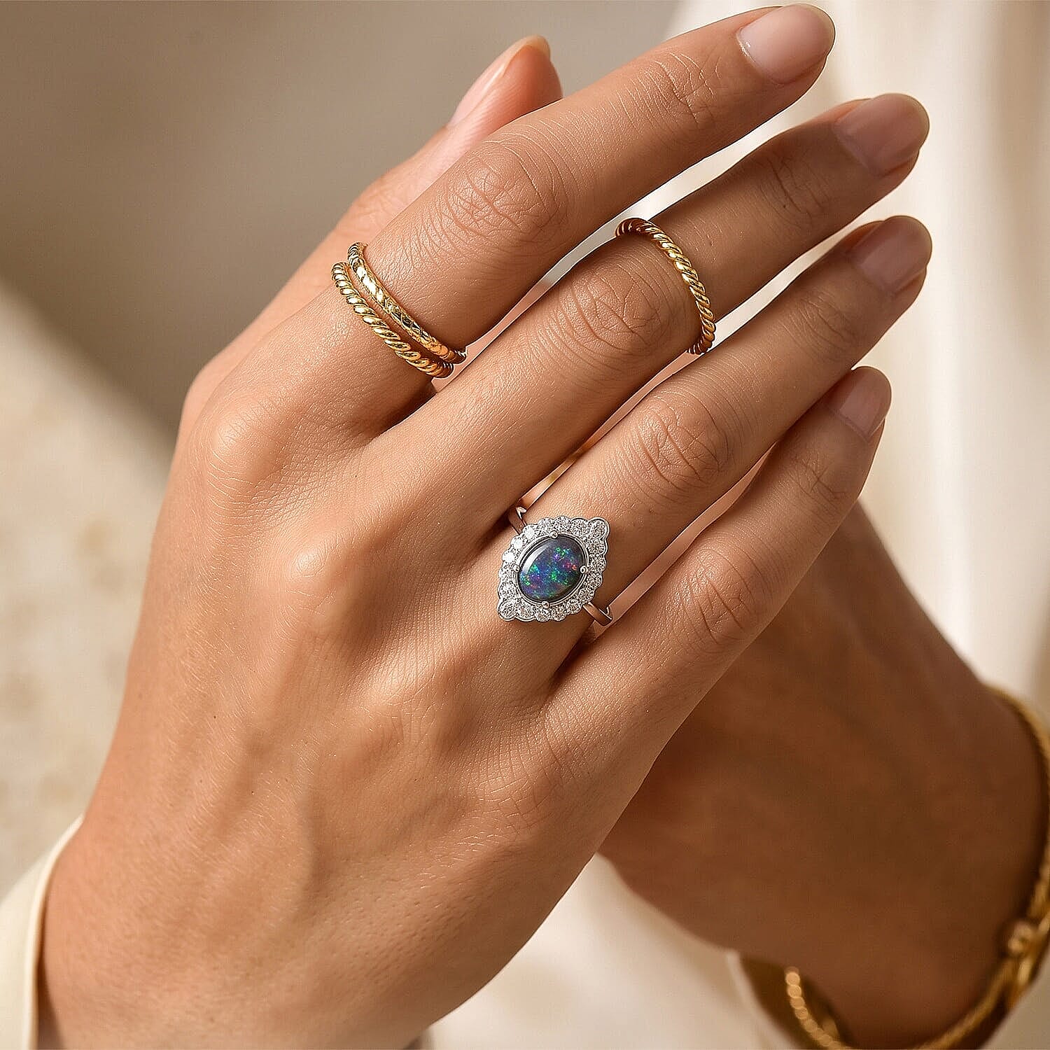 IGI Certified D'Joy Australian Black Ridge Opal Triplet, Moissanite Ring in Rhodium Over Sterling Silver (Size 5.0) 2.50 ctw
