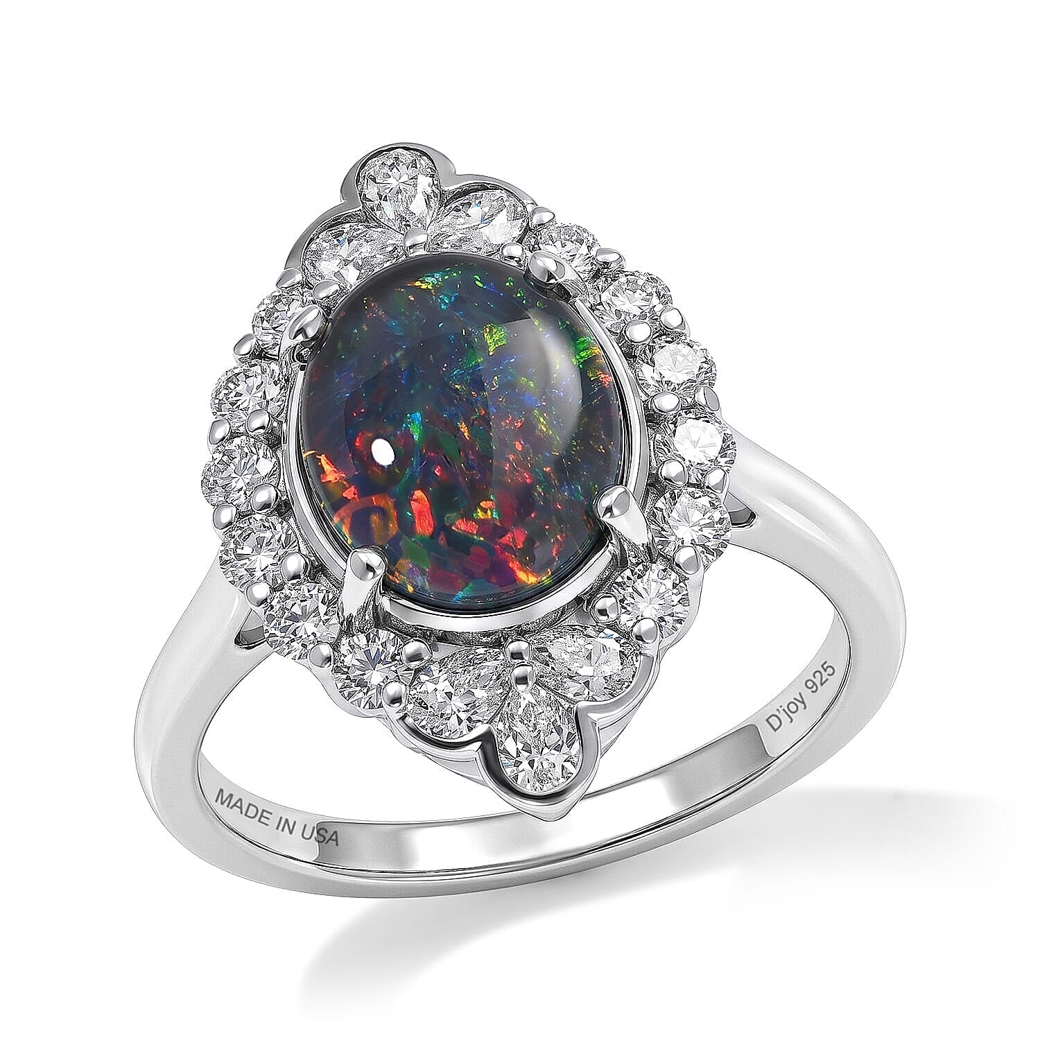 IGI Certified D'Joy Australian Black Ridge Opal Triplet, Moissanite Ring in Rhodium Over Sterling Silver (Size 5.0) 2.50 ctw