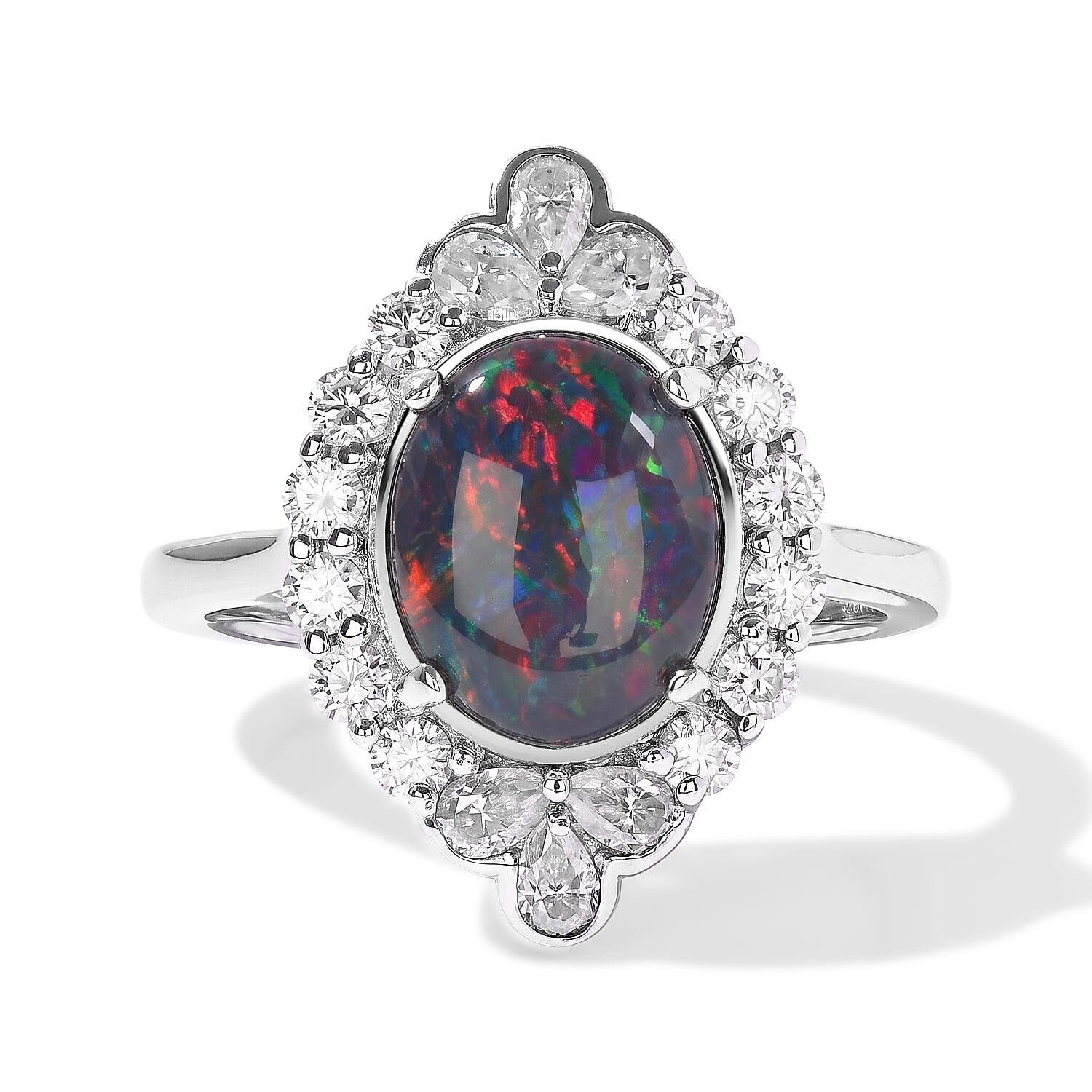 Certified and Appraised D'Joy Premium Australian Black Ridge Opal Triplet and Moissanite 2.50 ctw Ring in Rhodium Over Sterling Silver (Size 6.0)