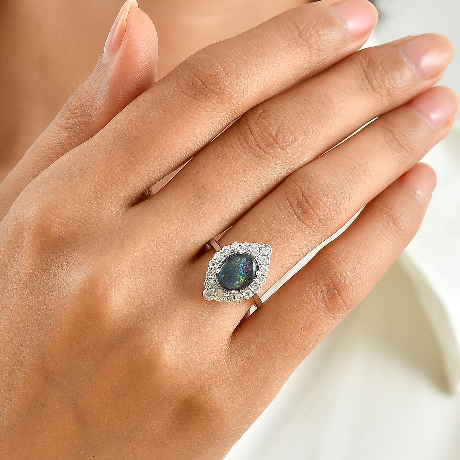 Certified and Appraised D'Joy Premium Australian Black Ridge Opal Triplet and Moissanite 2.50 ctw Ring in Rhodium Over Sterling Silver (Size 6.0)