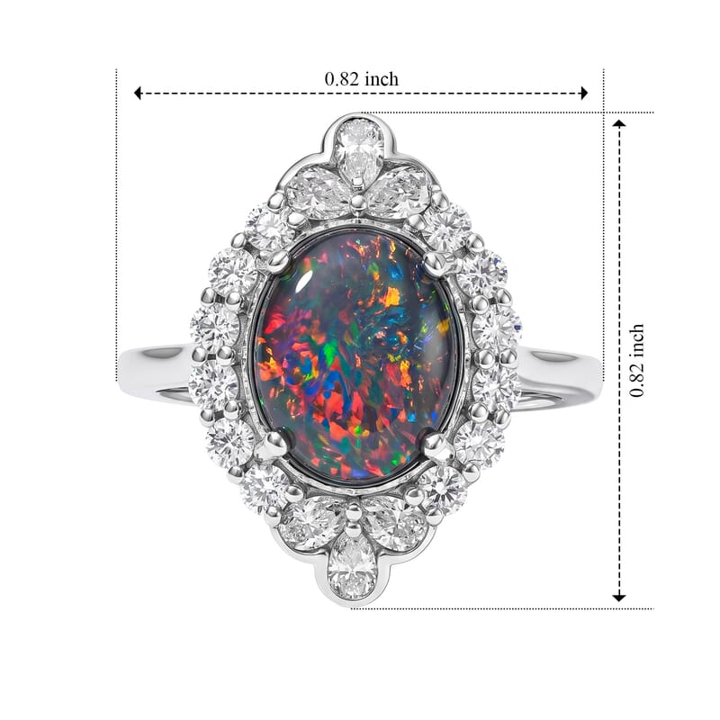 Certified and Appraised D'Joy Premium Australian Black Ridge Opal Triplet and Moissanite 2.50 ctw Ring in Rhodium Over Sterling Silver (Size 6.0)
