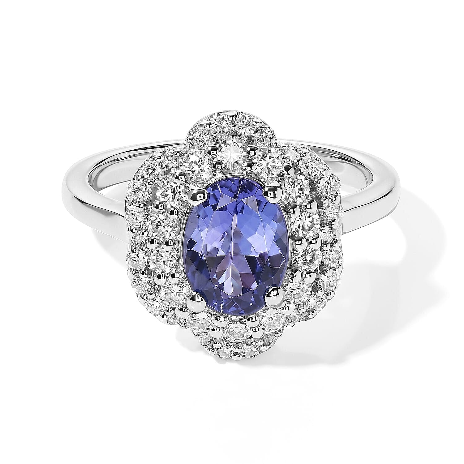 D'Joy Tanzanite ,  Moissanite  Main Stone With Surrounding Stone Ring in Rhodium OverSterling Silver 1.85 ctw