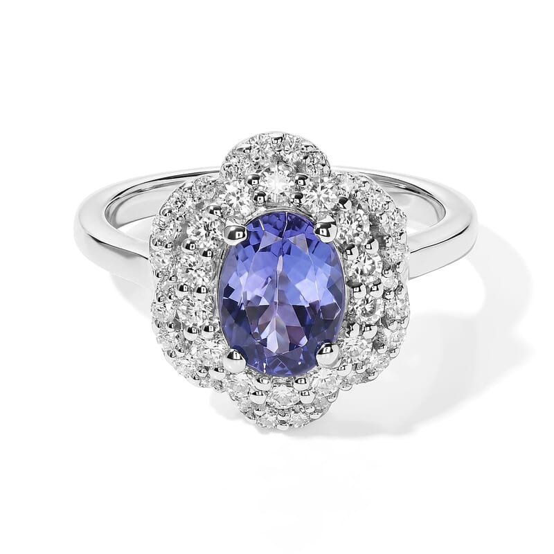 D'Joy Tanzanite ,  Moissanite  Main Stone With Surrounding Stone Ring in Rhodium OverSterling Silver 1.85 ctw