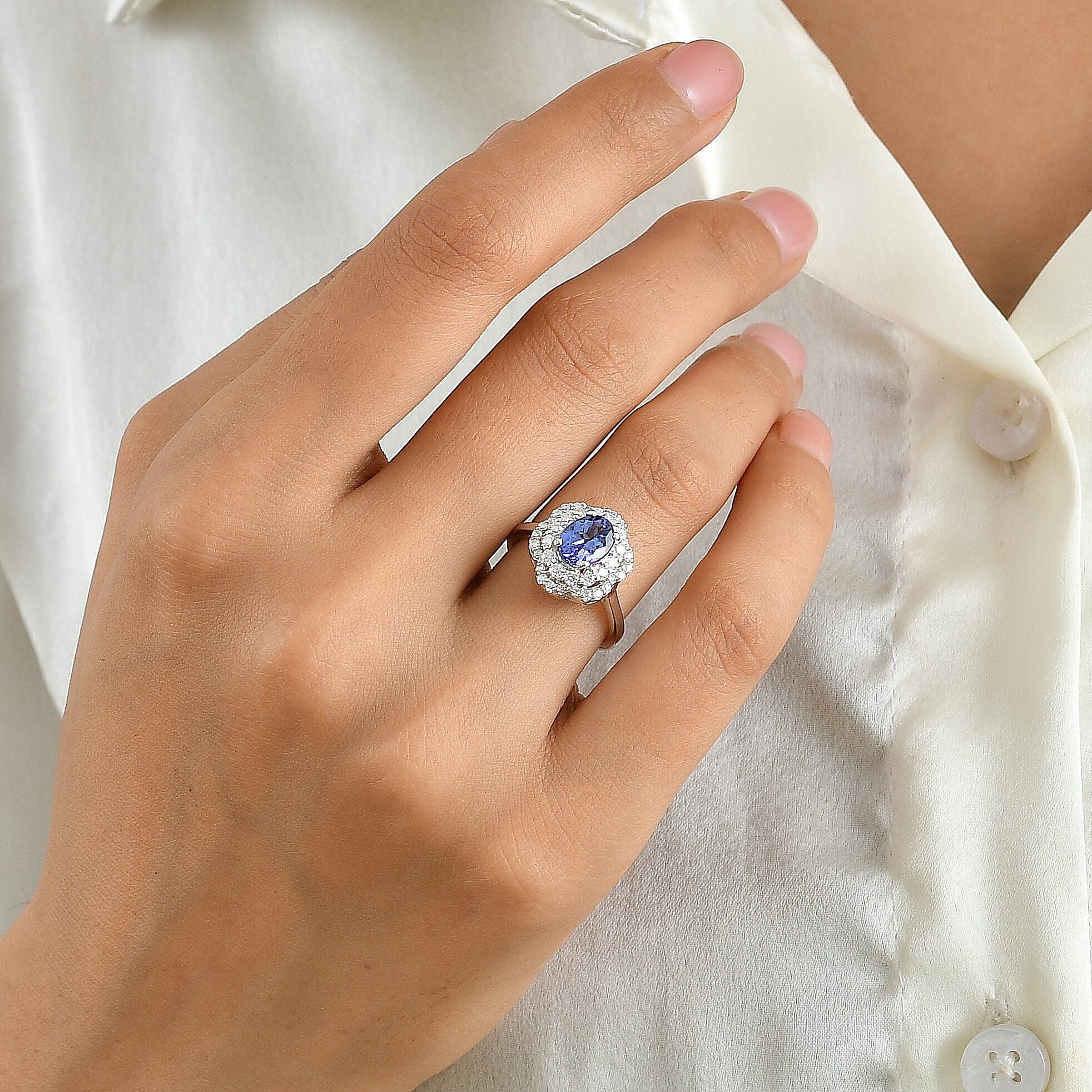 D'Joy Tanzanite ,  Moissanite  Main Stone With Surrounding Stone Ring in Rhodium OverSterling Silver 1.85 ctw