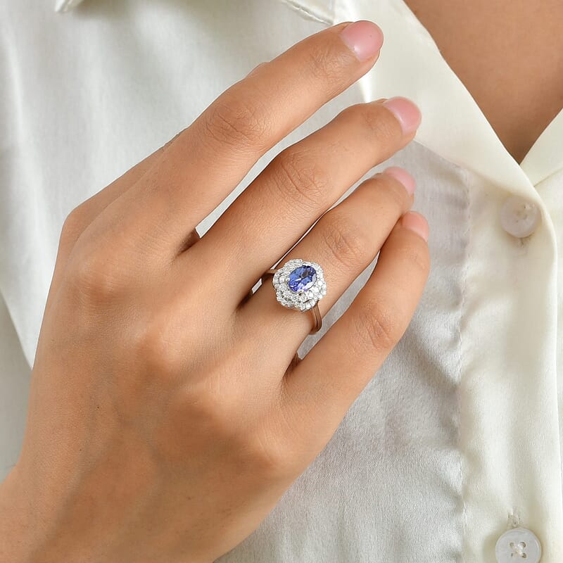 D'Joy Tanzanite ,  Moissanite  Main Stone With Surrounding Stone Ring in Rhodium OverSterling Silver 1.85 ctw