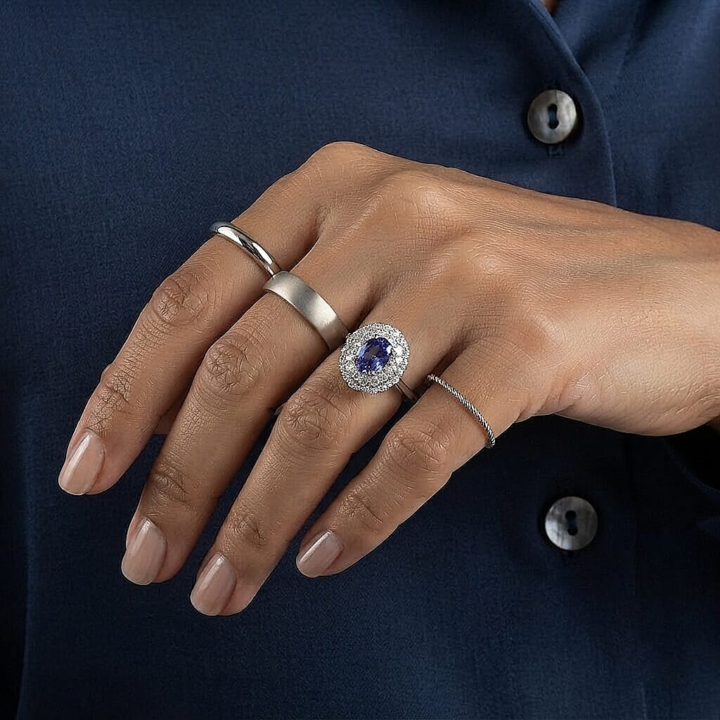 D'Joy Tanzanite ,  Moissanite  Main Stone With Surrounding Stone Ring in Rhodium OverSterling Silver 1.85 ctw
