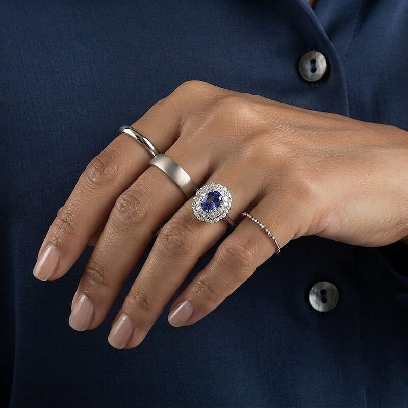 D'Joy Tanzanite ,  Moissanite  Main Stone With Surrounding Stone Ring in Rhodium OverSterling Silver 1.85 ctw