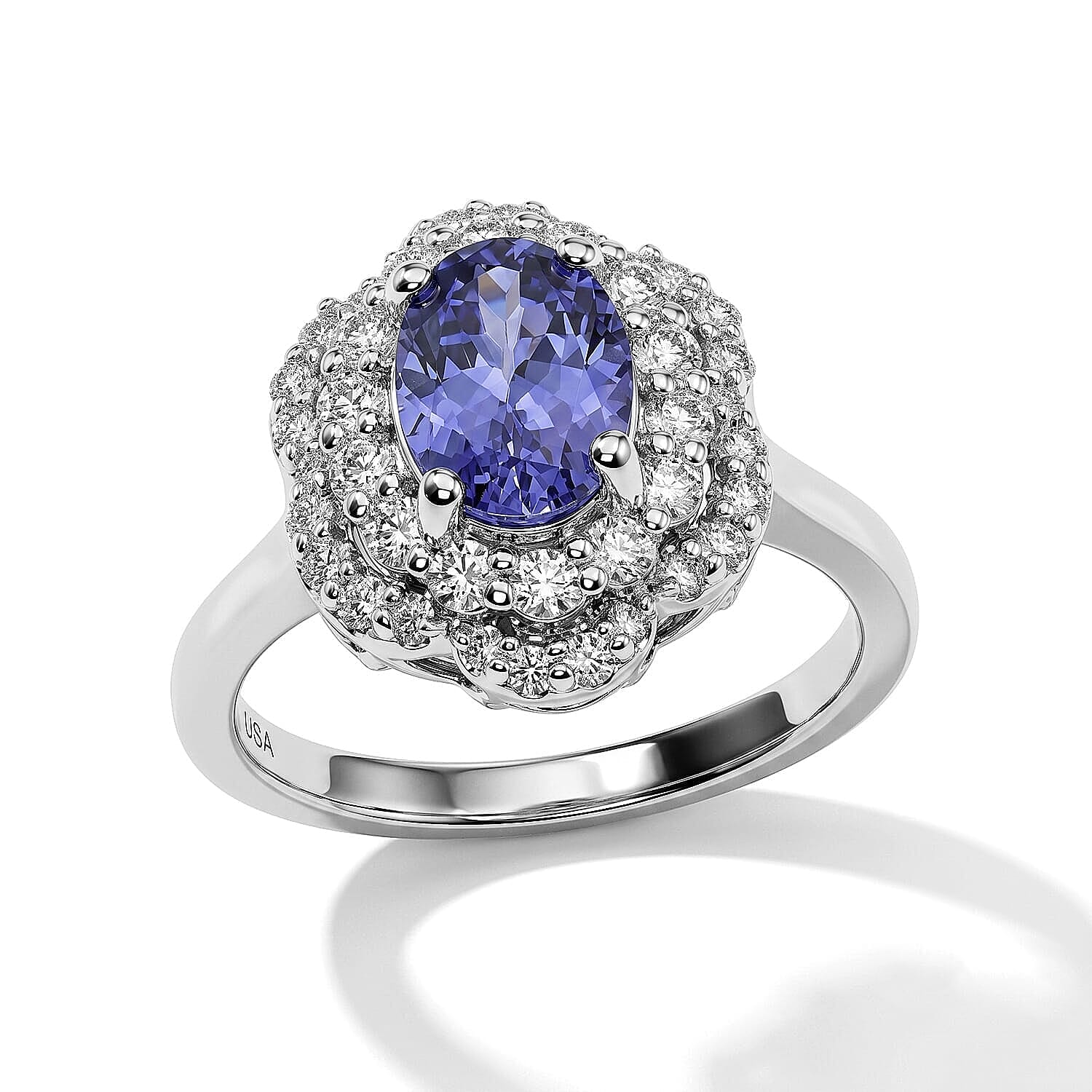 D'Joy Tanzanite ,  Moissanite  Main Stone With Surrounding Stone Ring in Rhodium OverSterling Silver 1.85 ctw