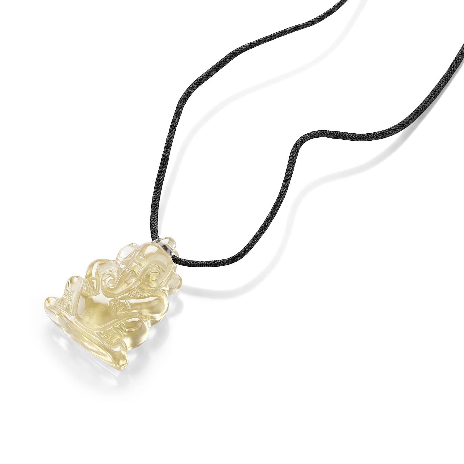 Lemon Quartz 109.00 ctw Carved Ganesha Blessing Necklace in Silvertone 16-19 Inches