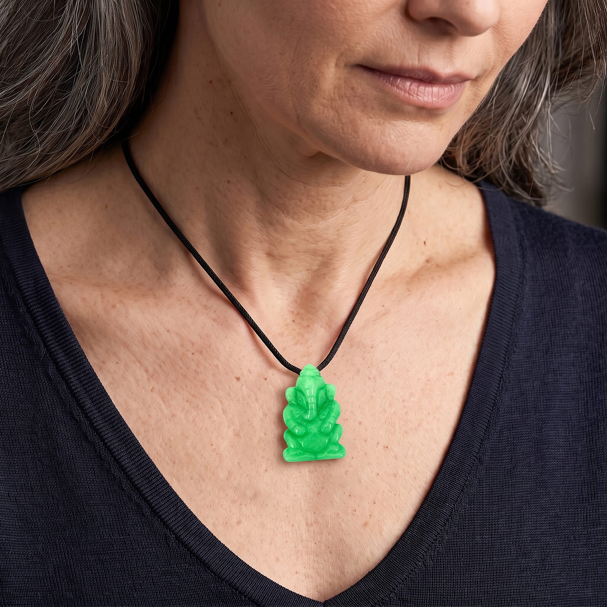 Green Aventurine 109.00 ctw Carved Ganesha Blessing Necklace in Silvertone 16-19 Inches