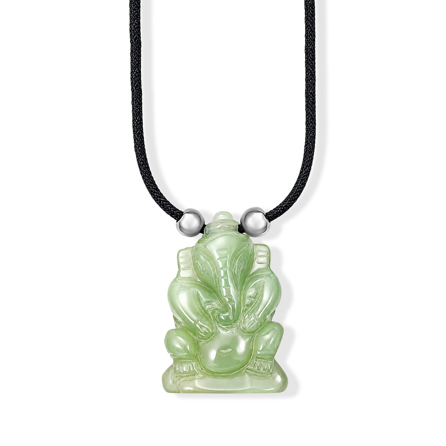 Jade and Simulated Pearl 109.00 ctw Carved Ganesha Blessing Necklace (16-19 Inches) in Silvertone