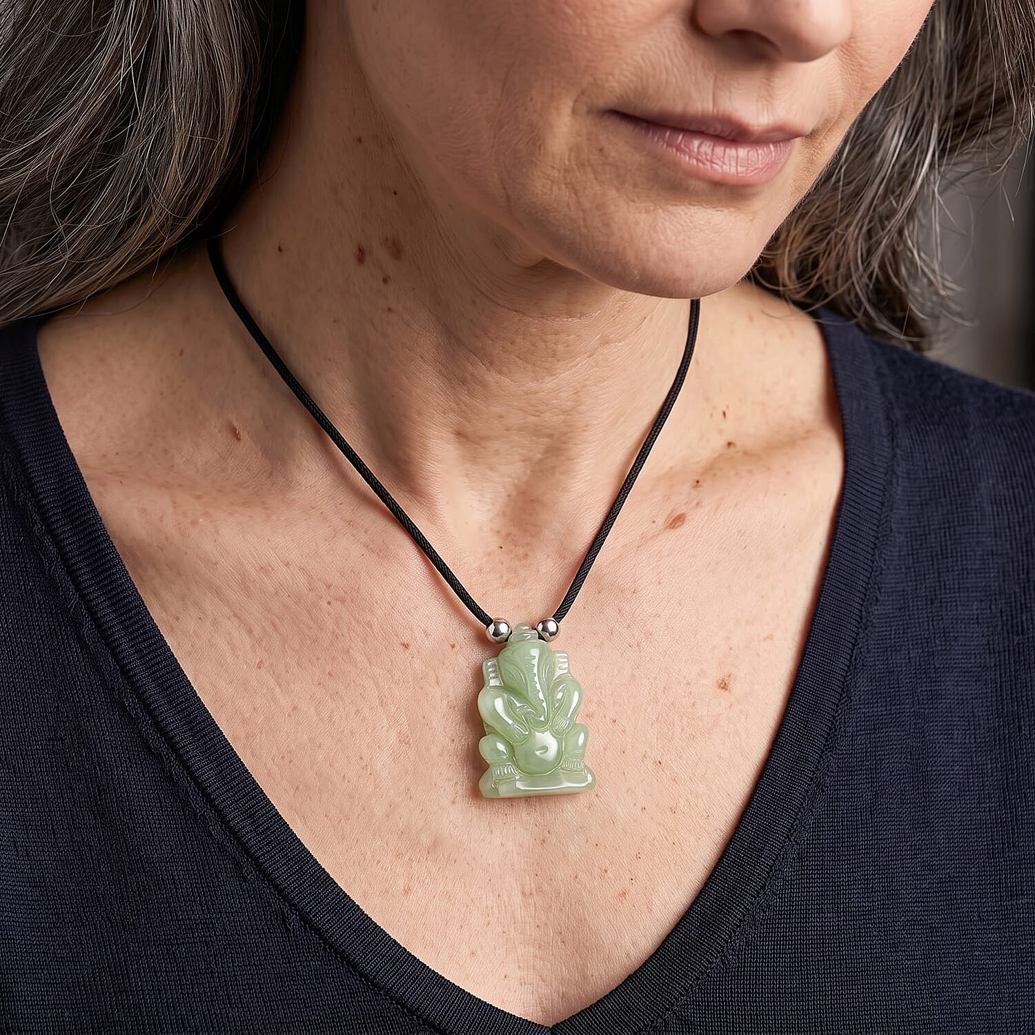 Jade and Simulated Pearl 109.00 ctw Carved Ganesha Blessing Necklace (16-19 Inches) in Silvertone