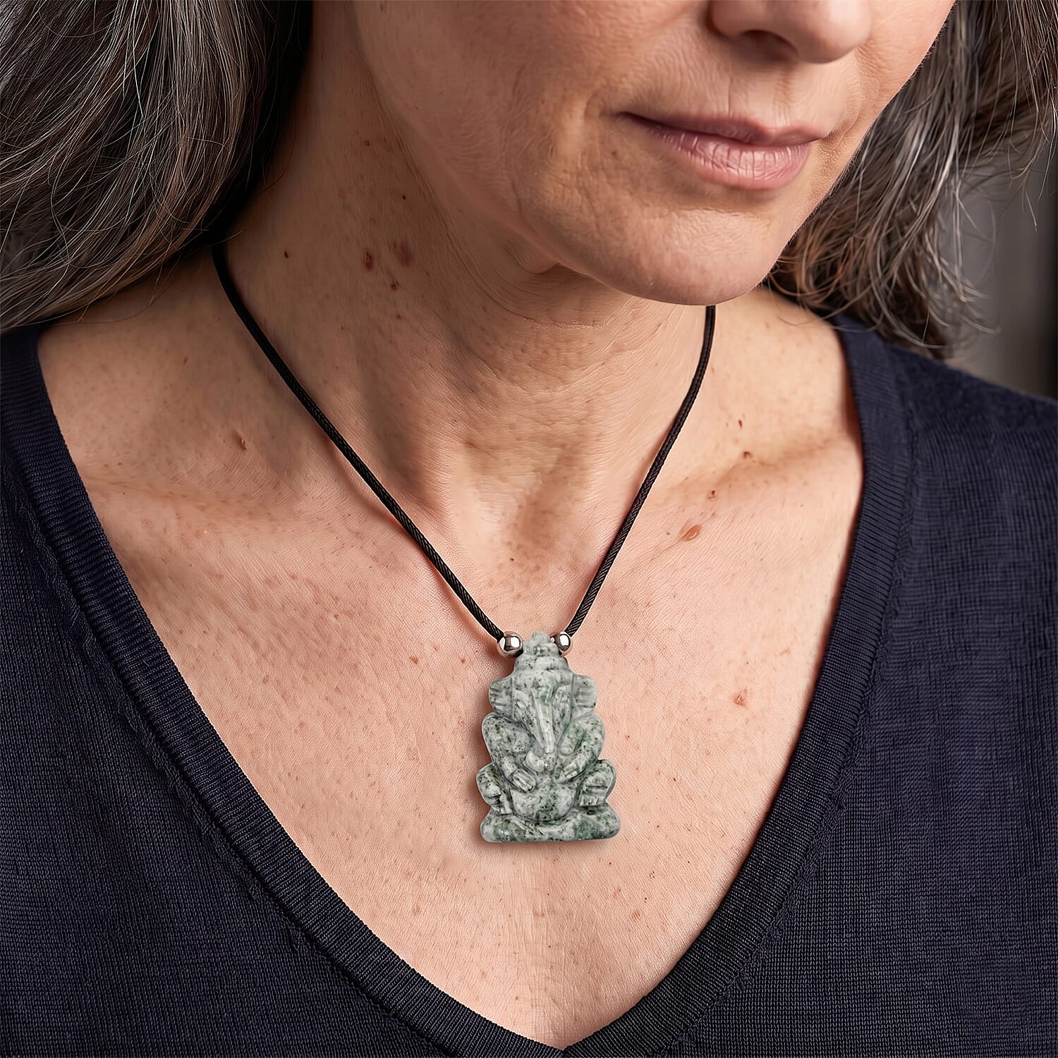 Jade 109.00 ctw Carved Ganesha Blessing Necklace (16-19 Inches) in Silvertone