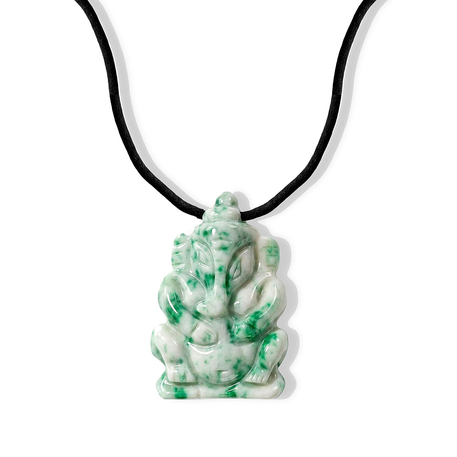Green Spot Jade 109.00 ctw Carved Ganesha Blessing Necklace (16-19 Inches) in Silvertone