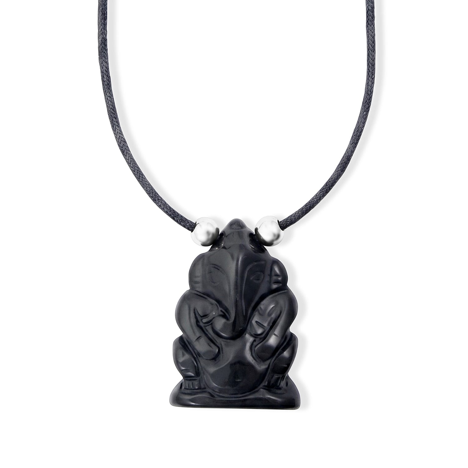 Black Agate and Simulated Pearl 109.00 ctw Carved Ganesha Blessing Necklace (16-19 Inches) in Silvertone
