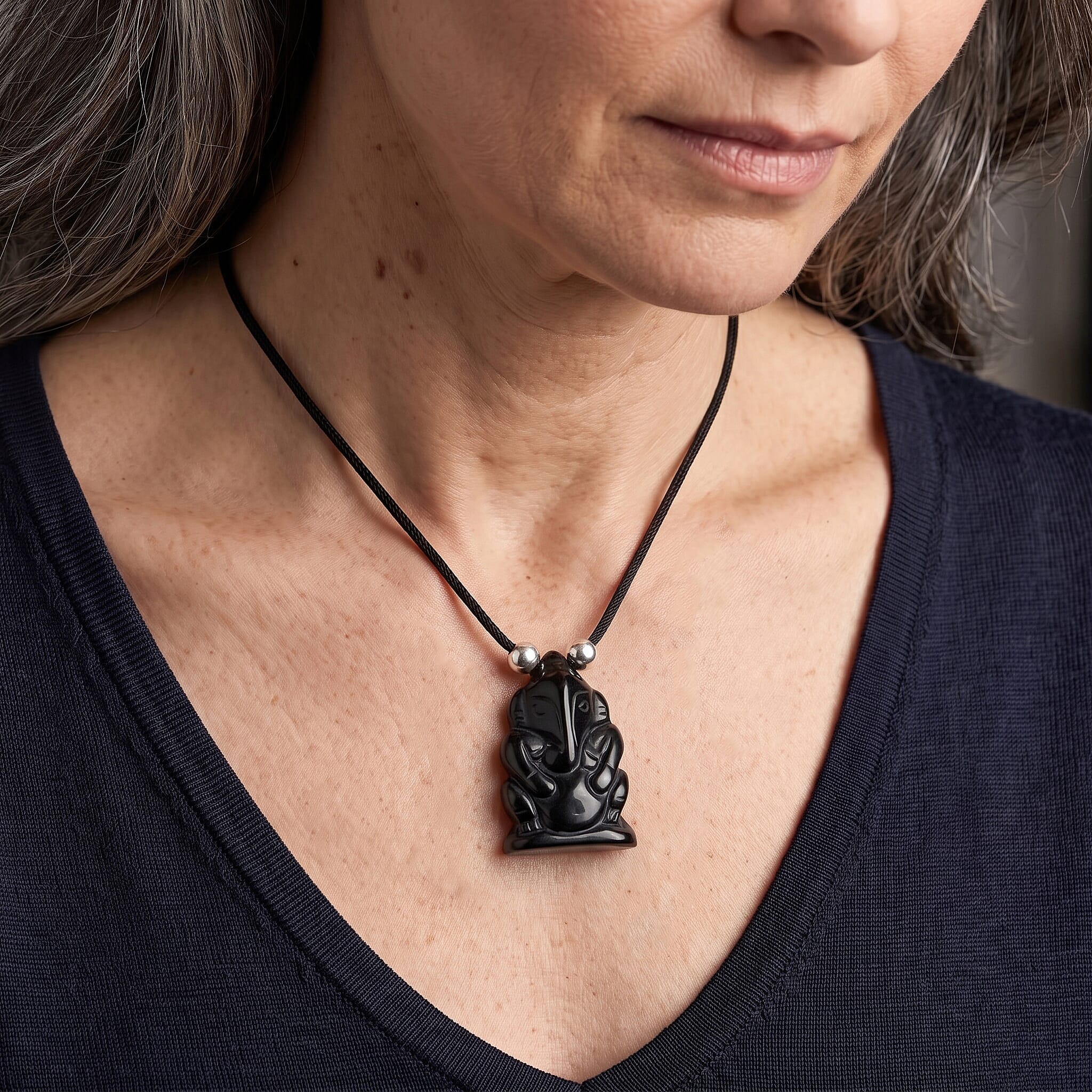Black Agate and Simulated Pearl 109.00 ctw Carved Ganesha Blessing Necklace (16-19 Inches) in Silvertone