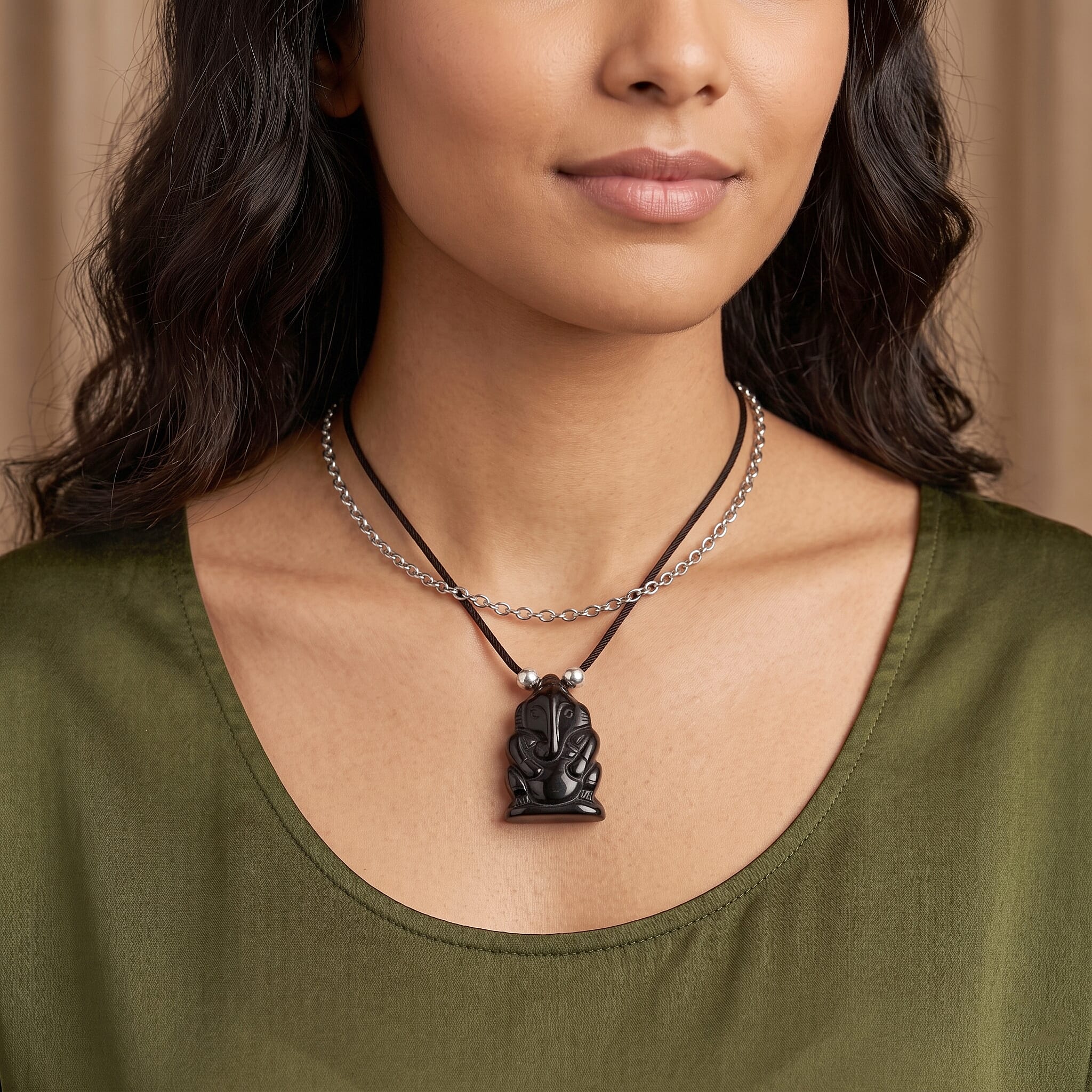 Black Agate and Simulated Pearl 109.00 ctw Carved Ganesha Blessing Necklace (16-19 Inches) in Silvertone