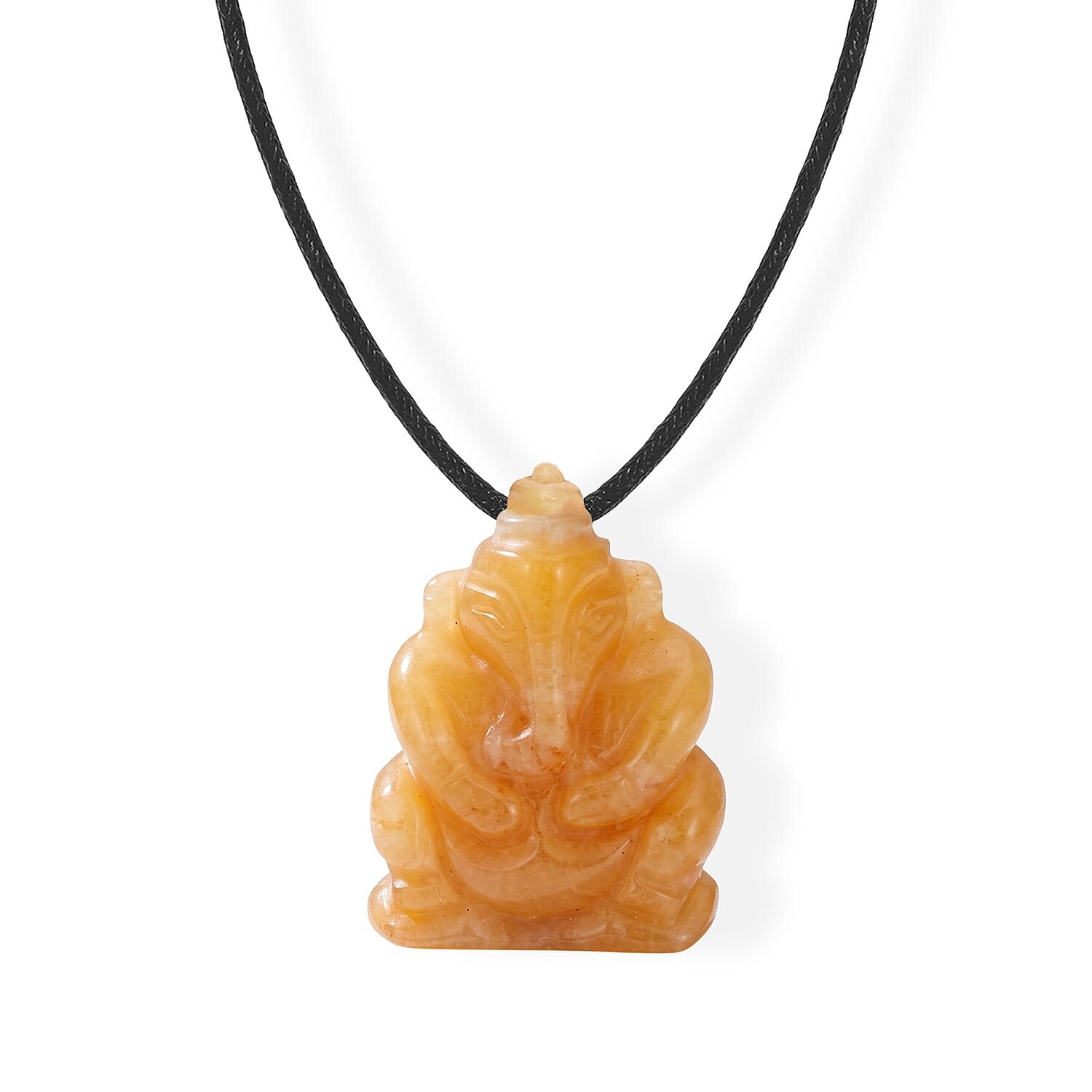 Yellow Jade 109.00 ctw Carved Ganesha Blessing Necklace (16-19 Inches) in Silvertone