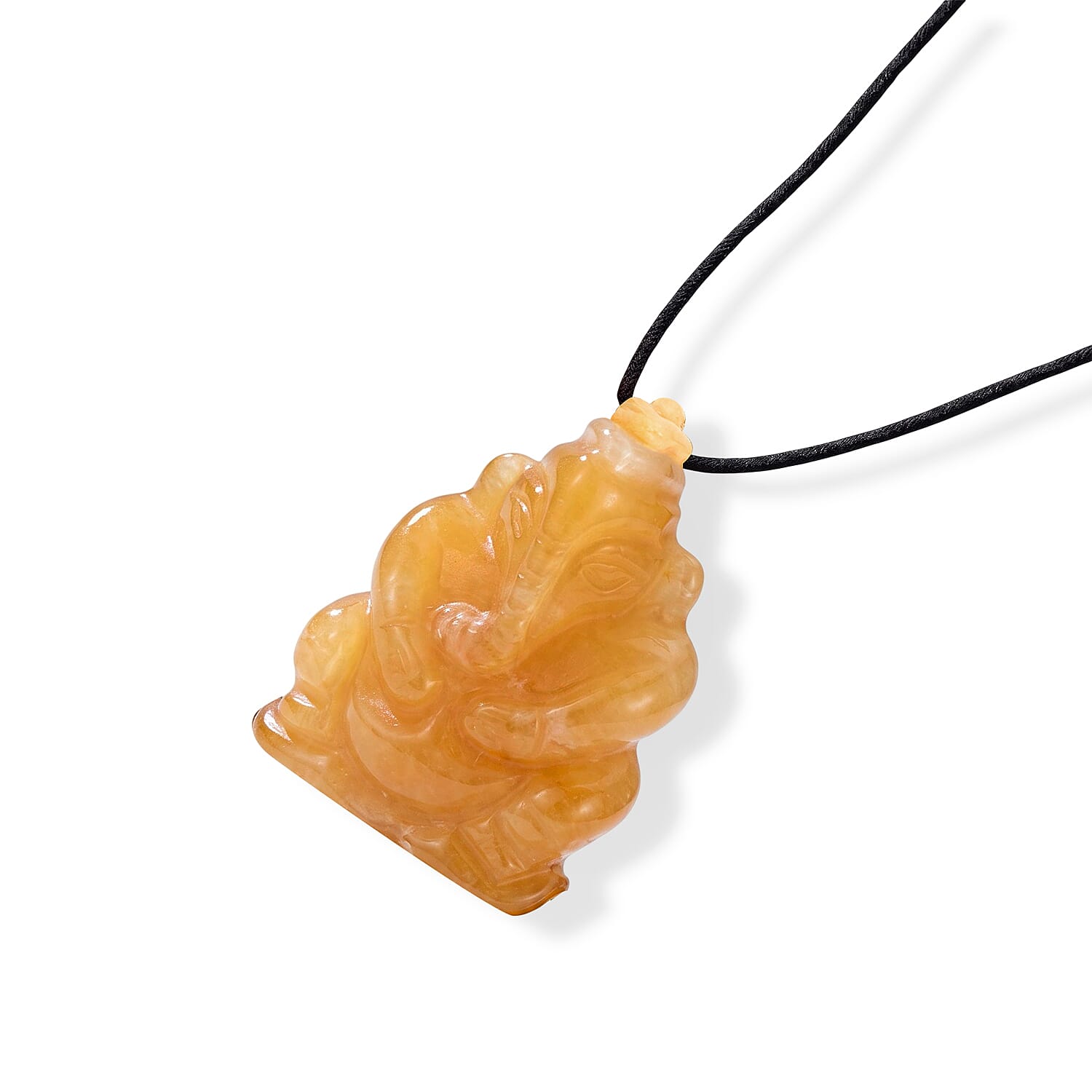 Yellow Jade 109.00 ctw Carved Ganesha Blessing Necklace (16-19 Inches) in Silvertone