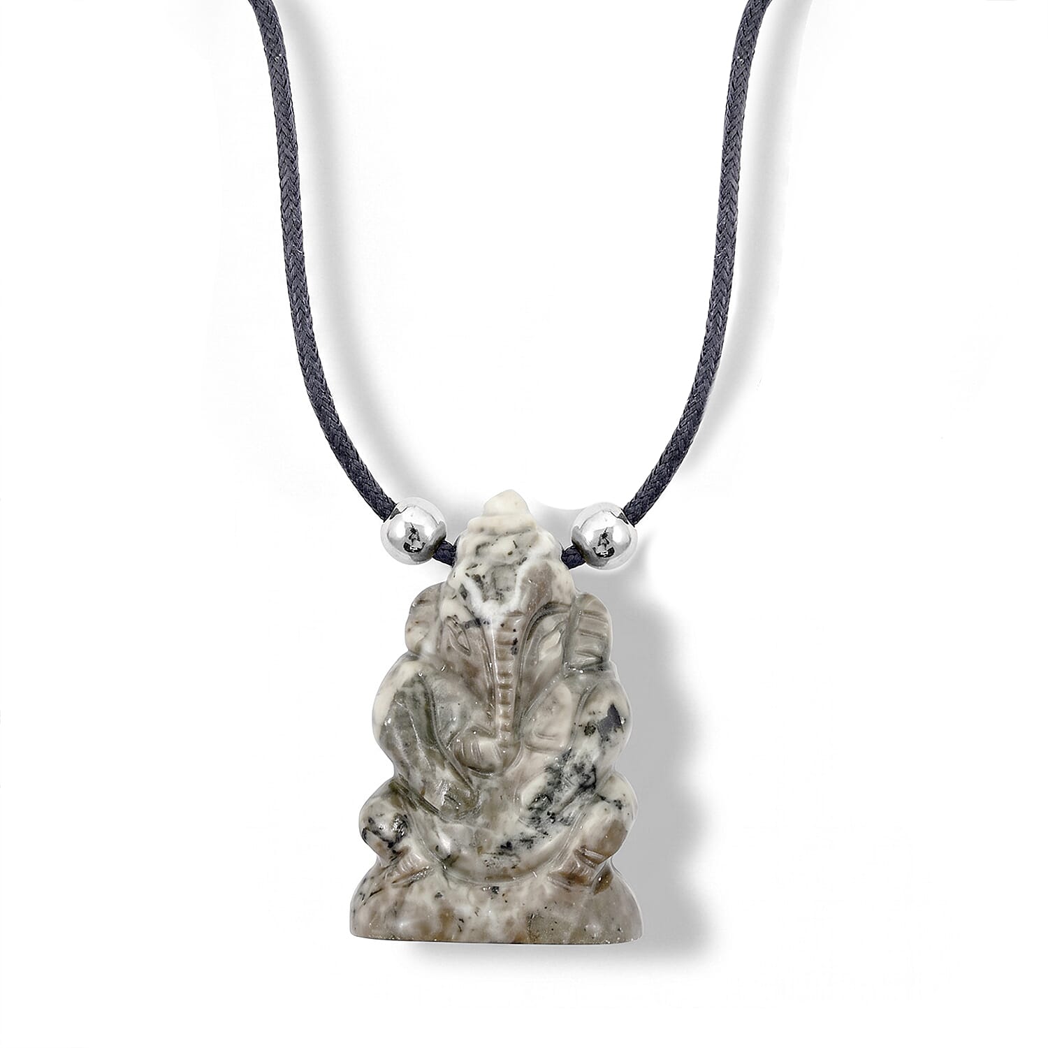 Fossilized Agate and Simulated Pearl 109.00 ctw Carved Ganesha Blessing Necklace (16-19 Inches) in Silvertone