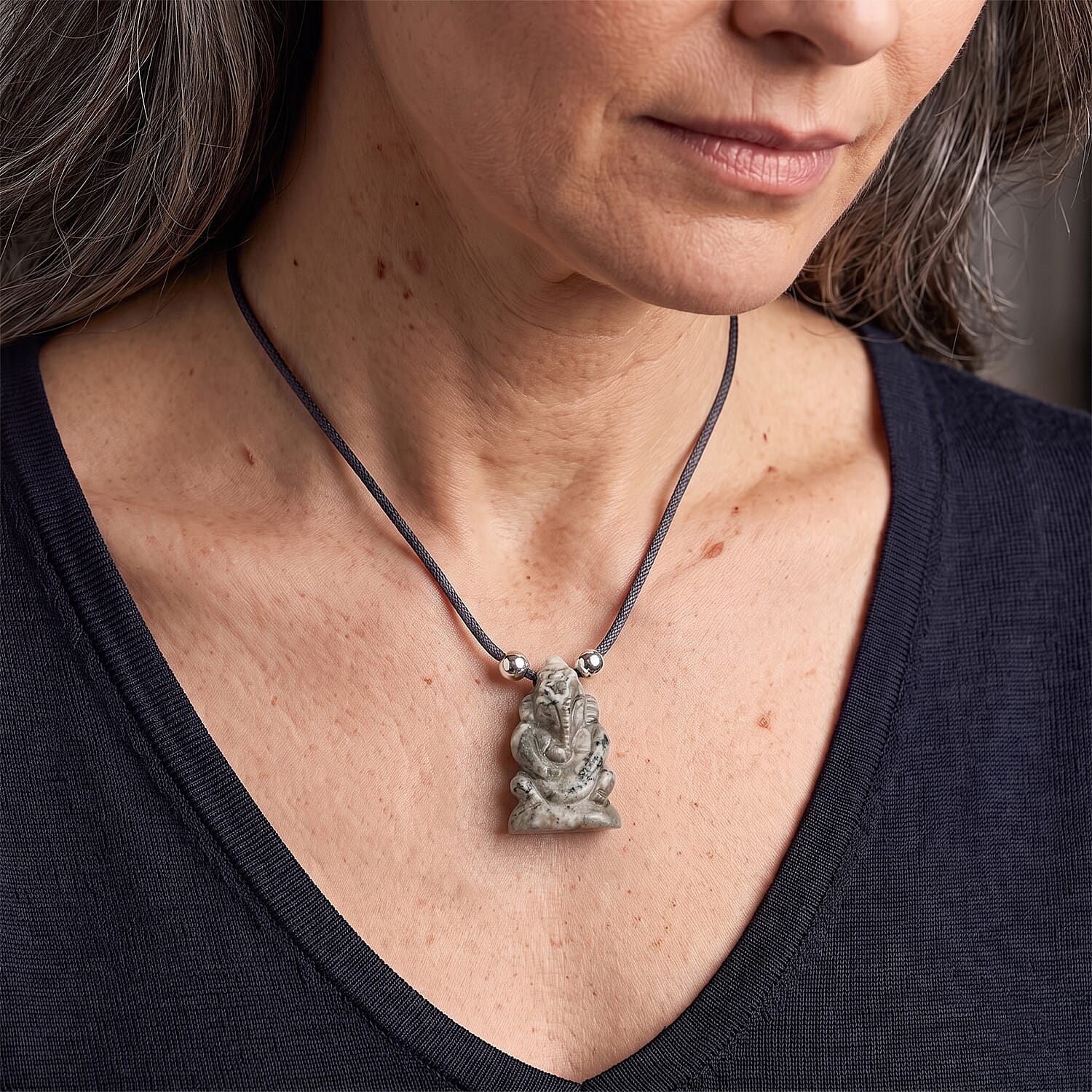 Fossilized Agate and Simulated Pearl 109.00 ctw Carved Ganesha Blessing Necklace (16-19 Inches) in Silvertone