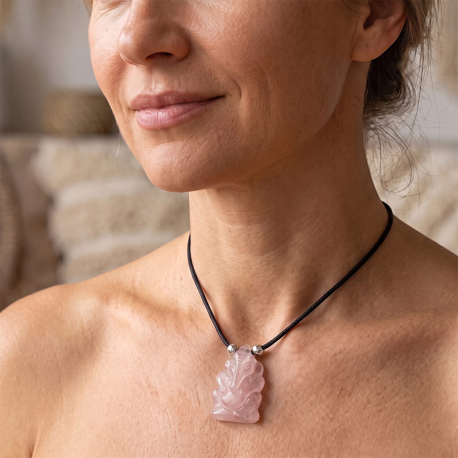 Galilea Rose Quartz and Simulated Pearl 109.00 ctw Carved Ganesha Blessing Necklace (16-19 Inches) in Silvertone