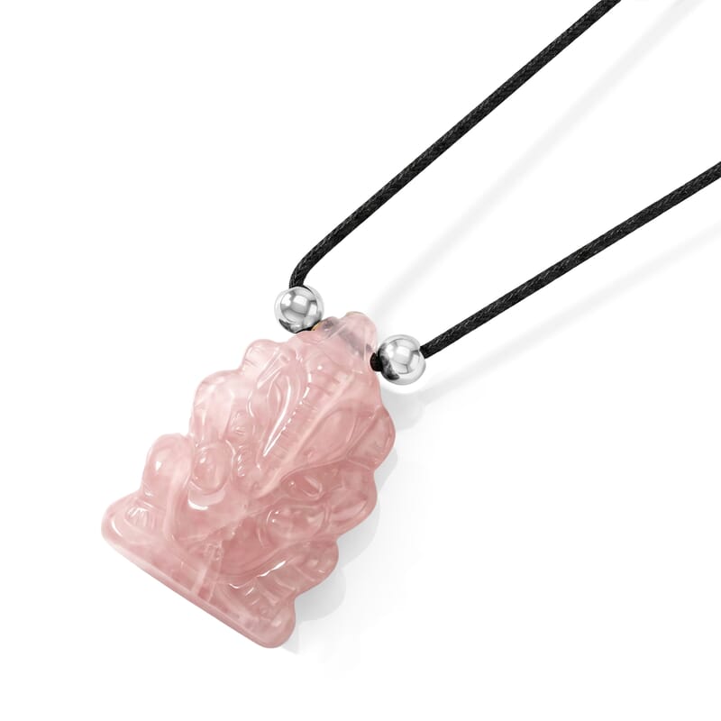 Galilea Rose Quartz and Simulated Pearl 109.00 ctw Carved Ganesha Blessing Necklace (16-19 Inches) in Silvertone