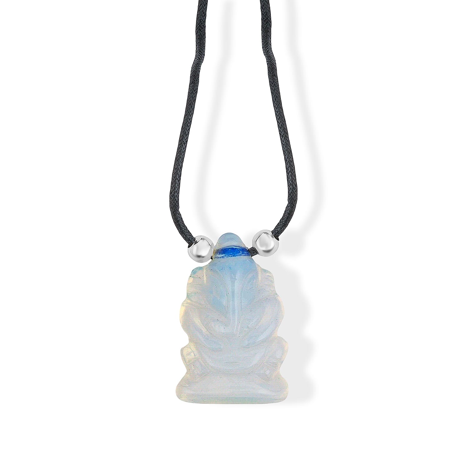 Opalite and Simulated Pearl 109.00 ctw Carved Ganesha Blessing Necklace (16-19 Inches) in Silvertone