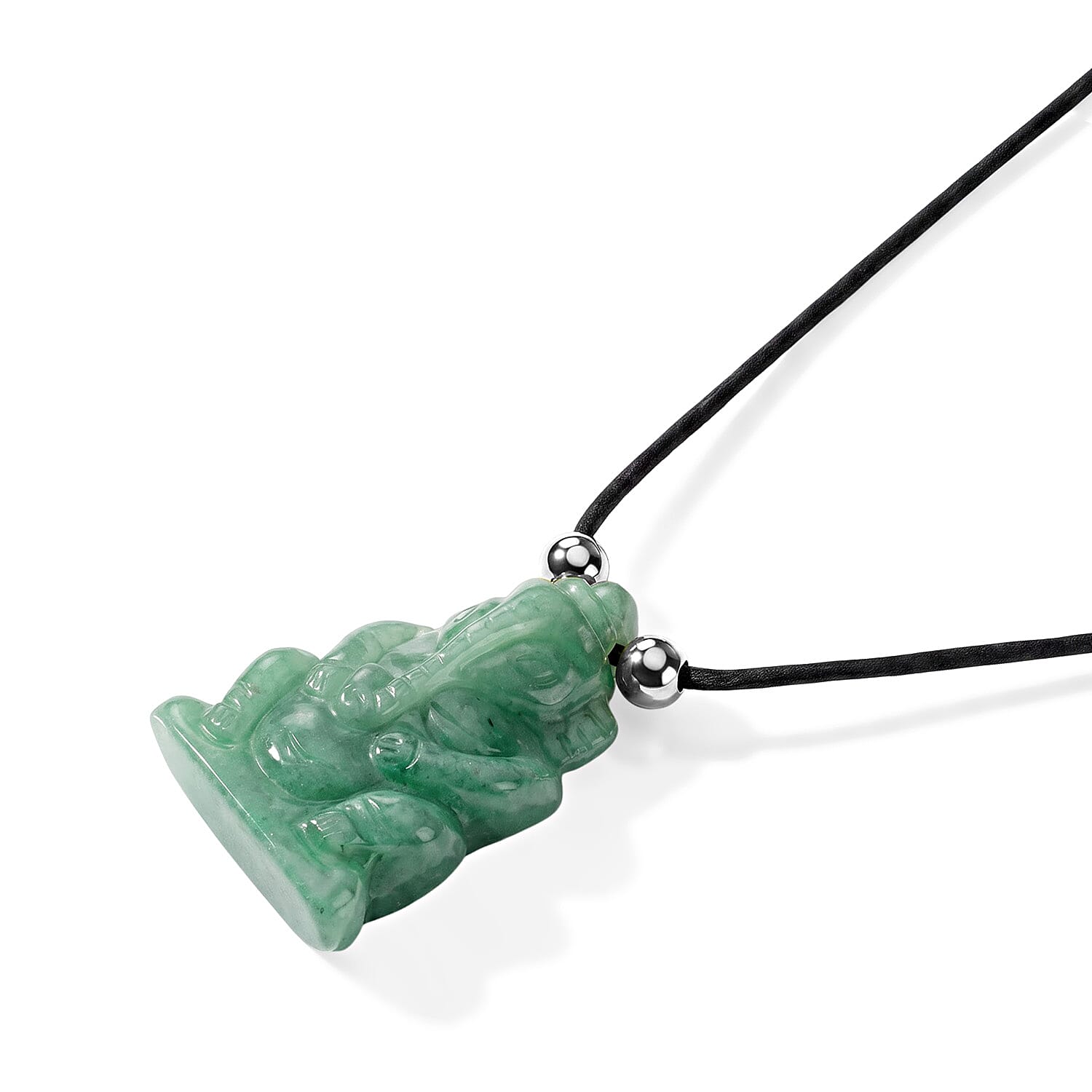 Green Aventurine and Simulated Pearl 109.00 ctw Carved Ganesha Blessing Necklace (16-19 Inches) in Silvertone