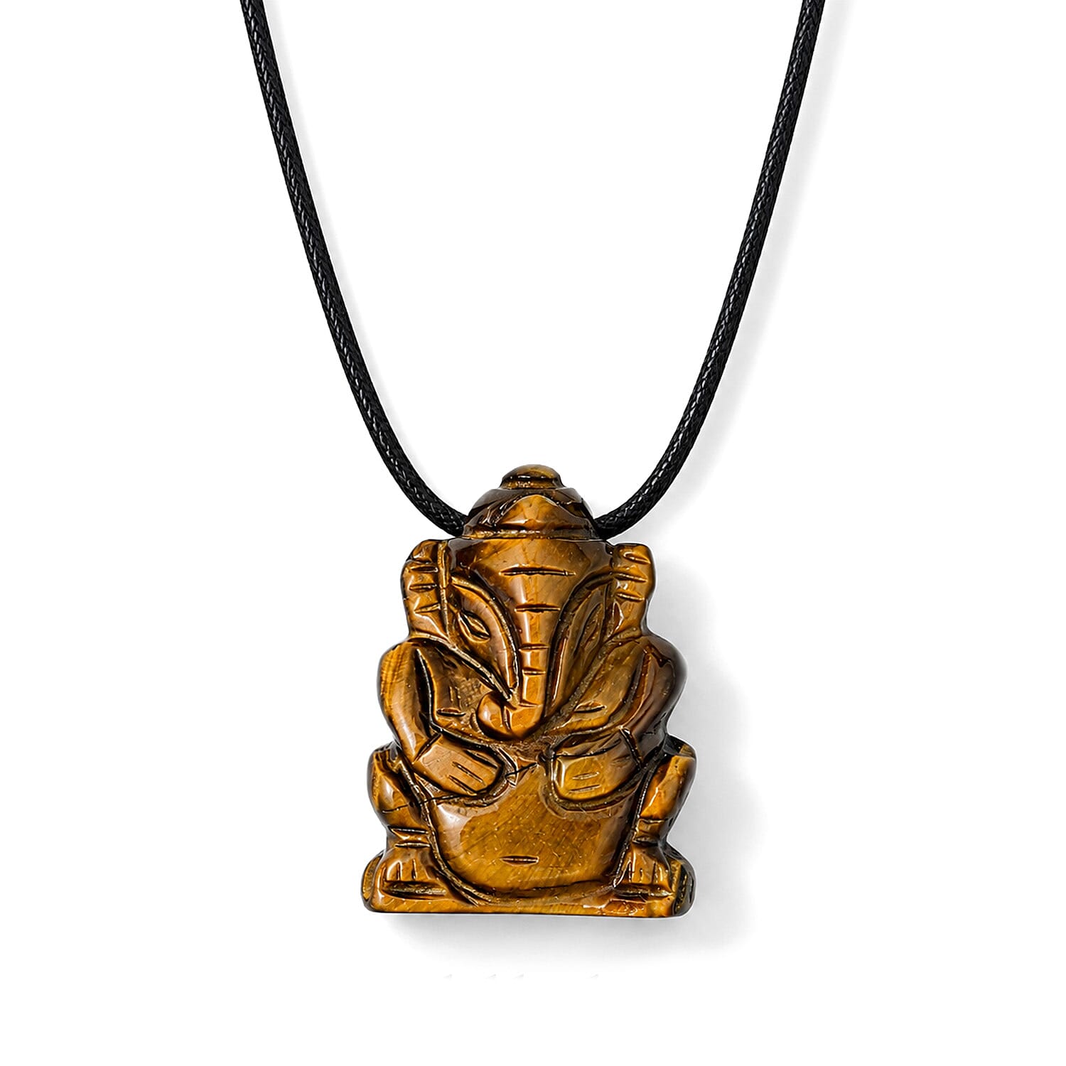 Tiger's Eye 109.00 ctw Carved Ganesha Necklace (16-19 Inches) in Silvertone