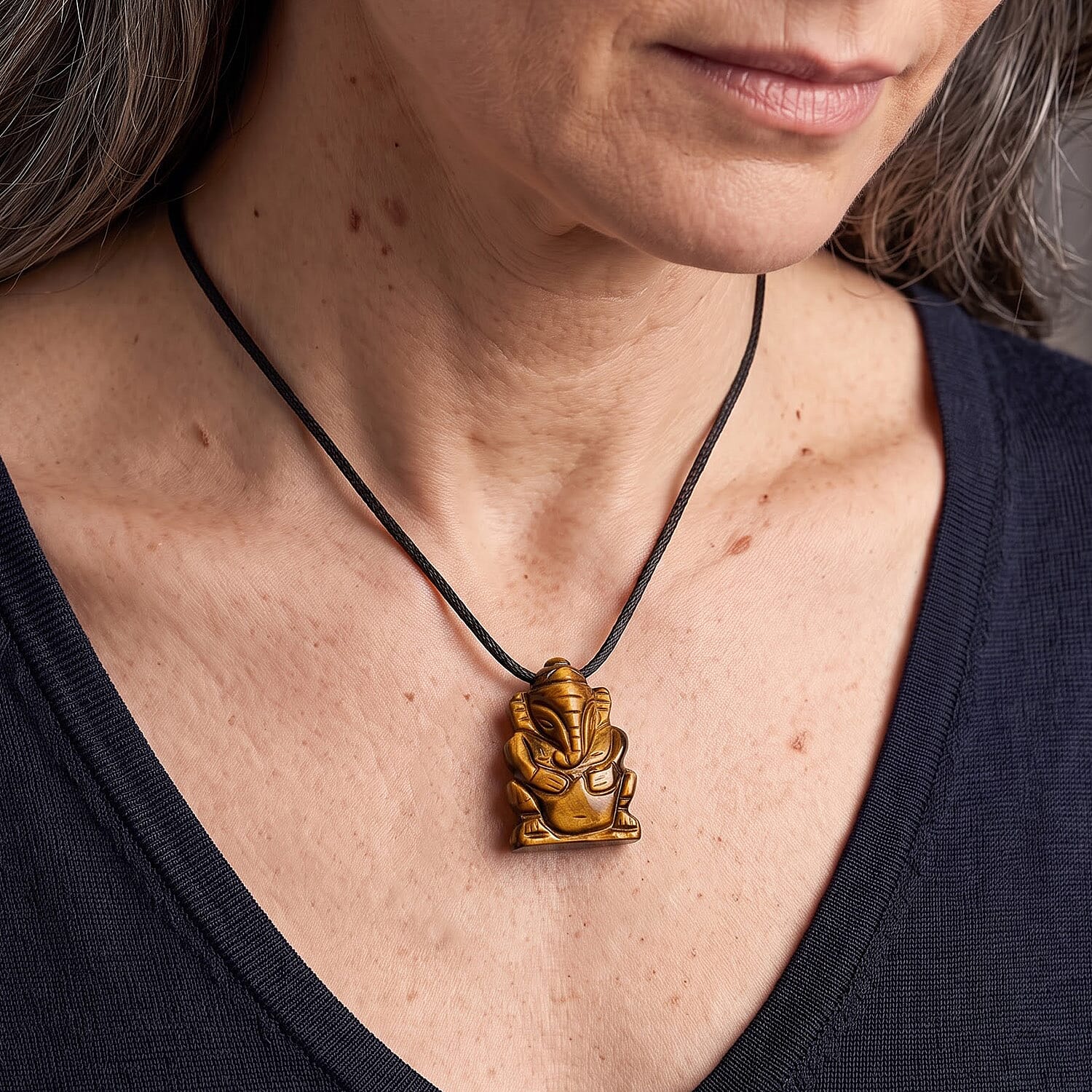 Tiger's Eye 109.00 ctw Carved Ganesha Necklace (16-19 Inches) in Silvertone